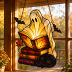 Ghost with Storybooks & Black Cat Holographic Acrylic Suncatcher