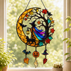 Witch & Black Cat Crescent Moon Holographic Acrylic Suncatcher