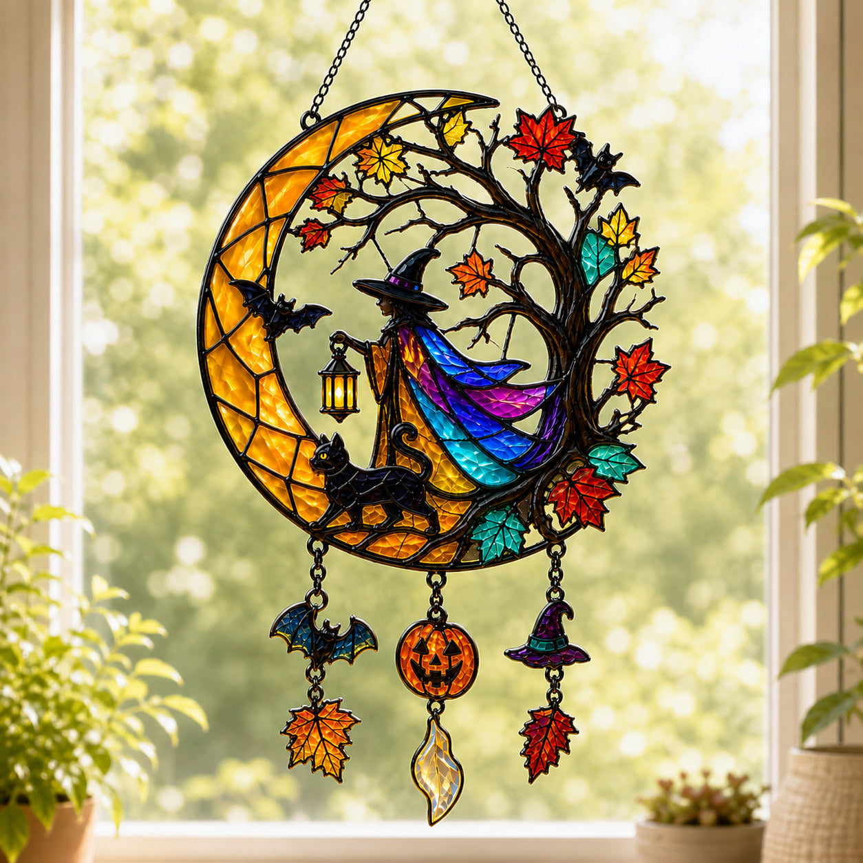 Witch & Black Cat Crescent Moon Holographic Acrylic Suncatcher