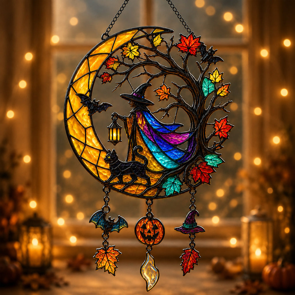 Witch & Black Cat Crescent Moon Holographic Acrylic Suncatcher