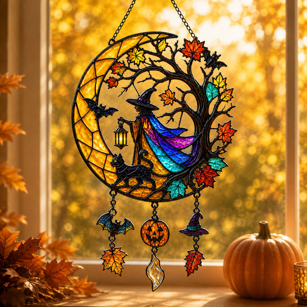 Witch & Black Cat Crescent Moon Holographic Acrylic Suncatcher
