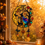 Witch & Black Cat Crescent Moon Holographic Acrylic Suncatcher