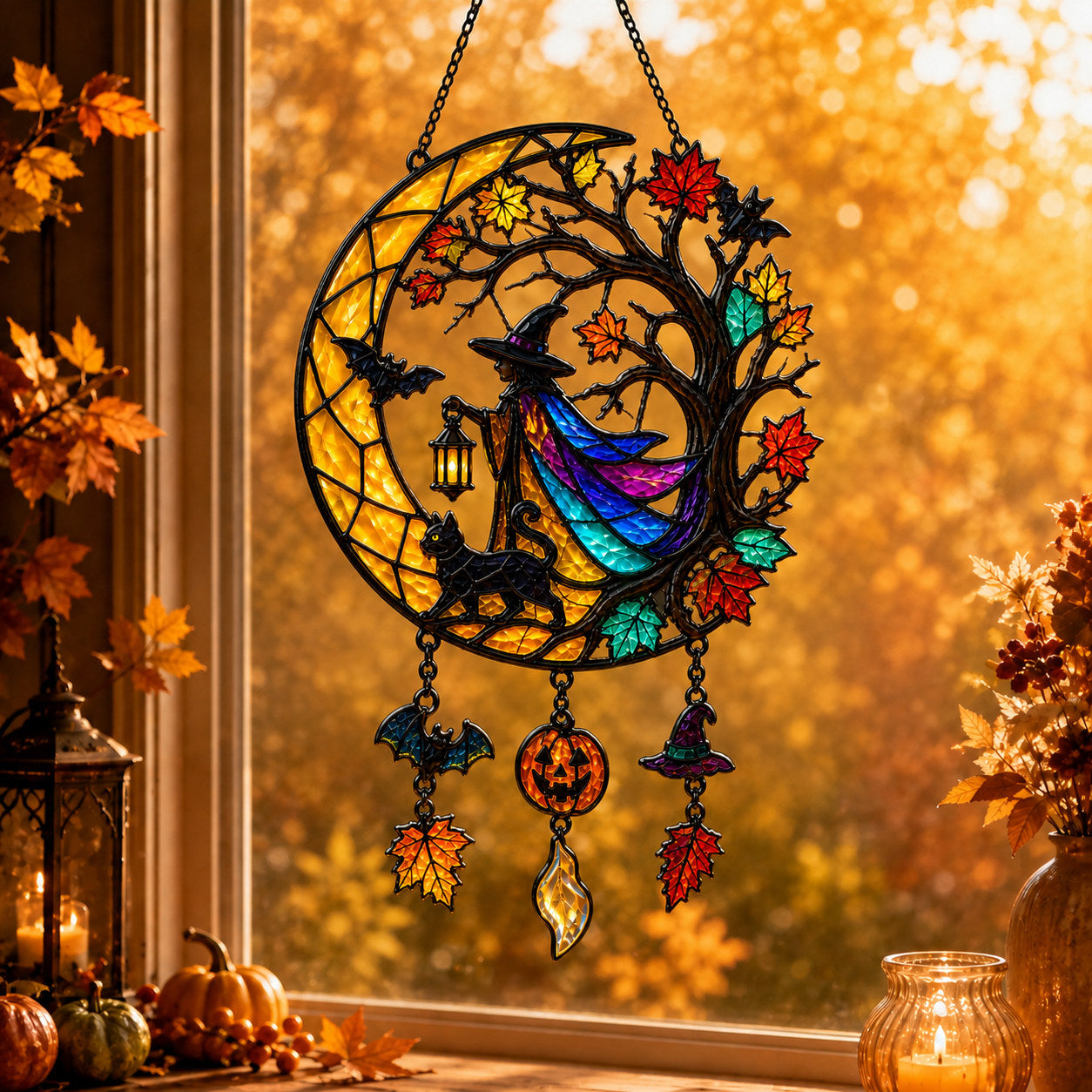 Witch & Black Cat Crescent Moon Holographic Acrylic Suncatcher