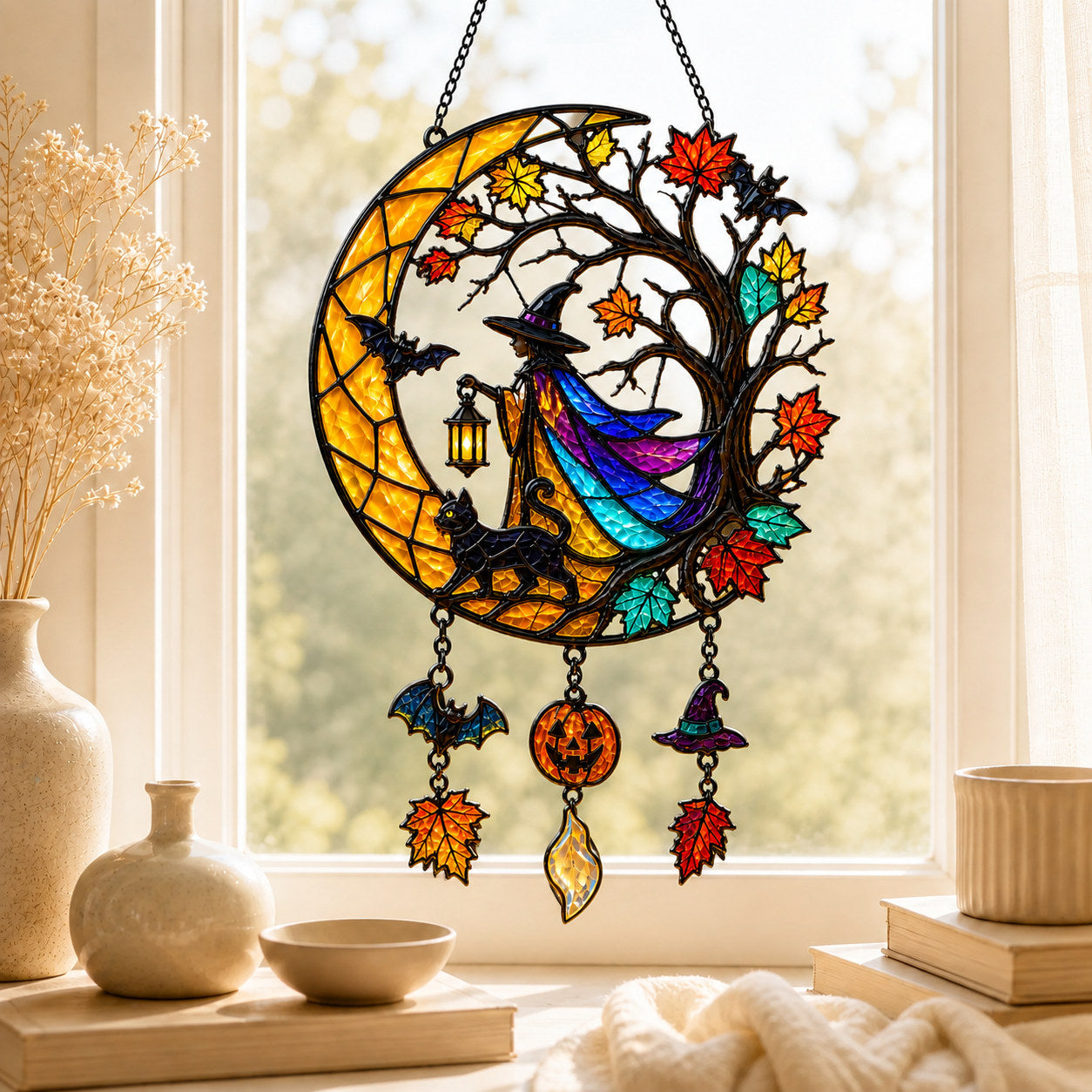 Witch & Black Cat Crescent Moon Holographic Acrylic Suncatcher
