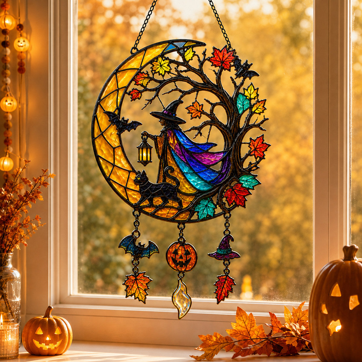 Witch & Black Cat Crescent Moon Holographic Acrylic Suncatcher