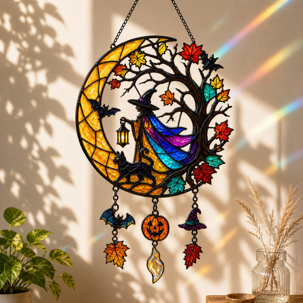 Witch & Black Cat Crescent Moon Holographic Acrylic Suncatcher