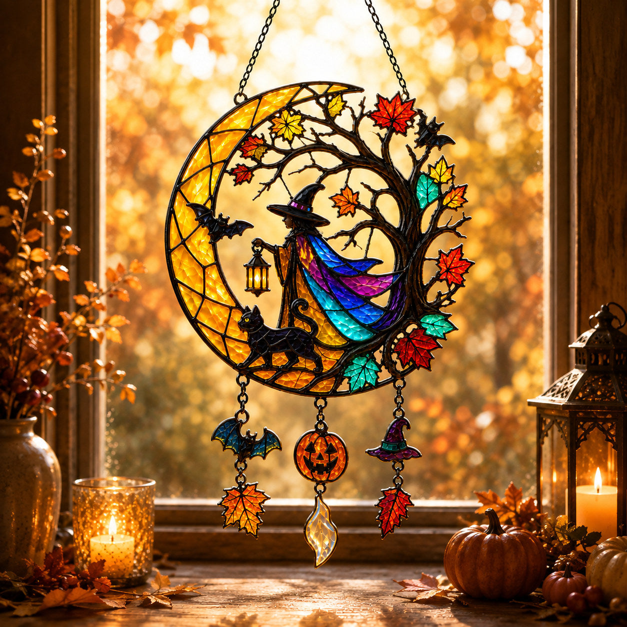 Witch & Black Cat Crescent Moon Holographic Acrylic Suncatcher