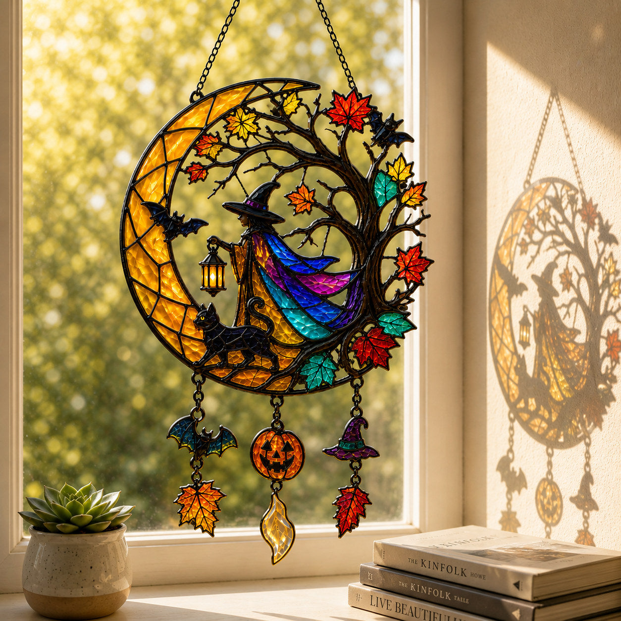 Witch & Black Cat Crescent Moon Holographic Acrylic Suncatcher