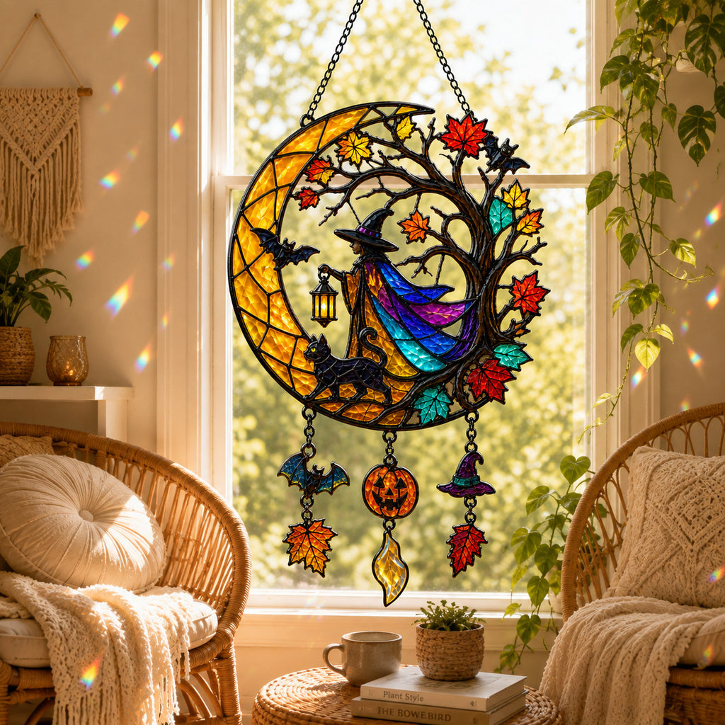Witch & Black Cat Crescent Moon Holographic Acrylic Suncatcher