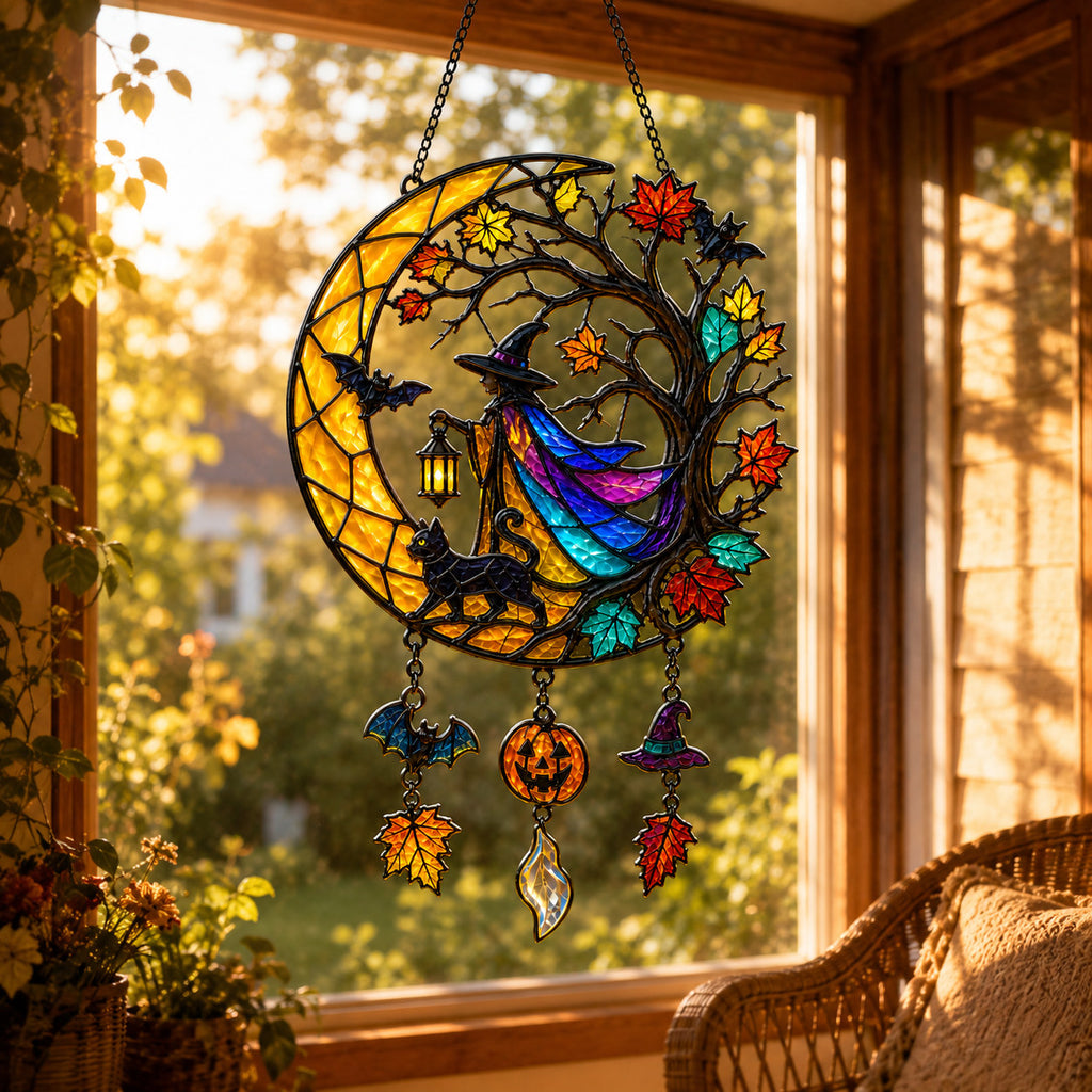 Witch & Black Cat Crescent Moon Holographic Acrylic Suncatcher
