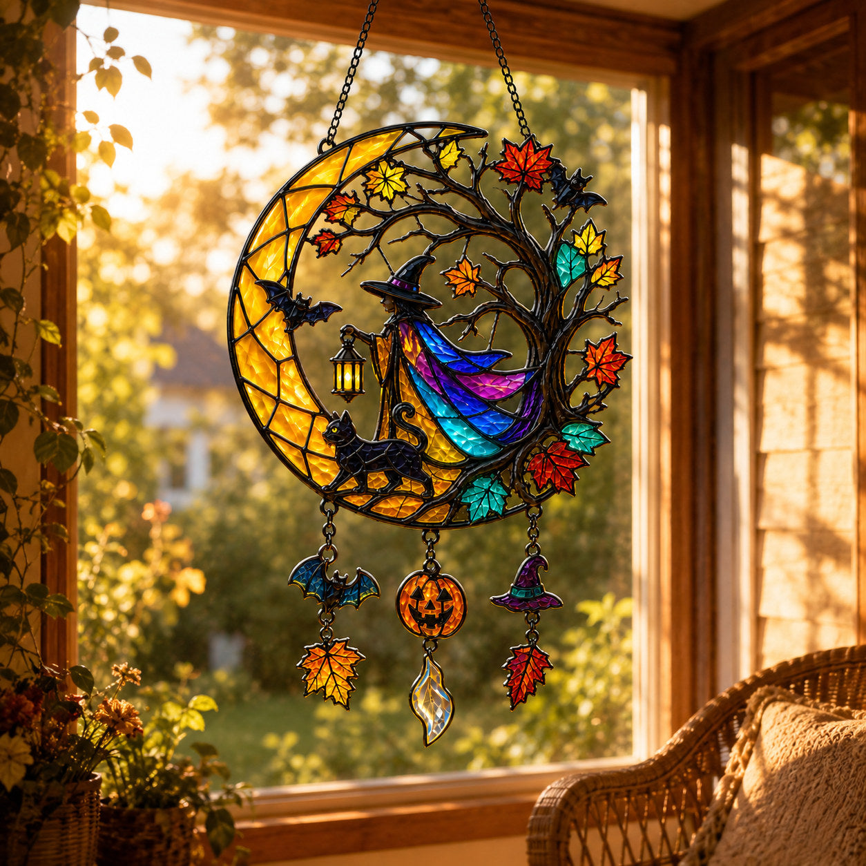 Witch & Black Cat Crescent Moon Holographic Acrylic Suncatcher