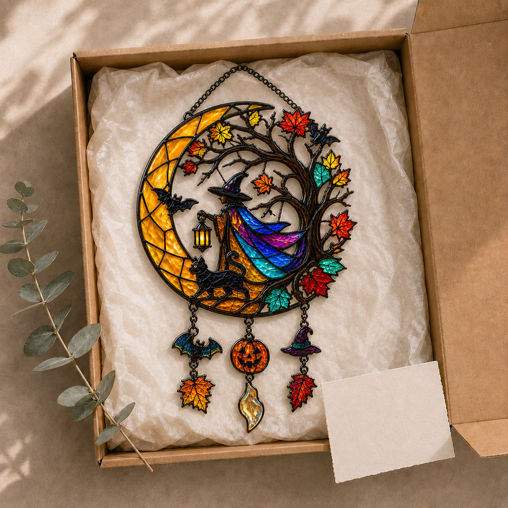 Witch & Black Cat Crescent Moon Holographic Acrylic Suncatcher