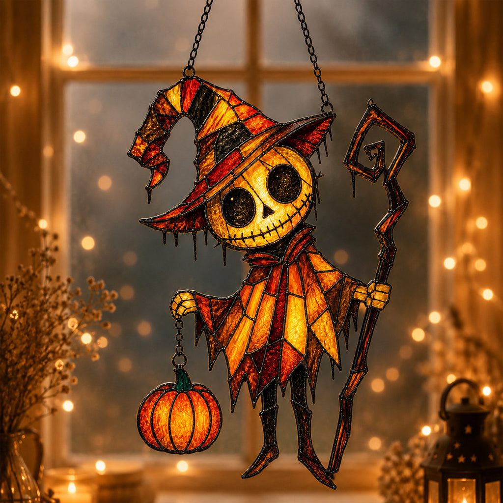Pumpkin Head Trickster with Staff Holographic Acrylic Suncatcher