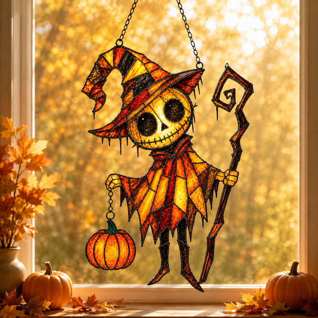 Pumpkin Head Trickster with Staff Holographic Acrylic Suncatcher