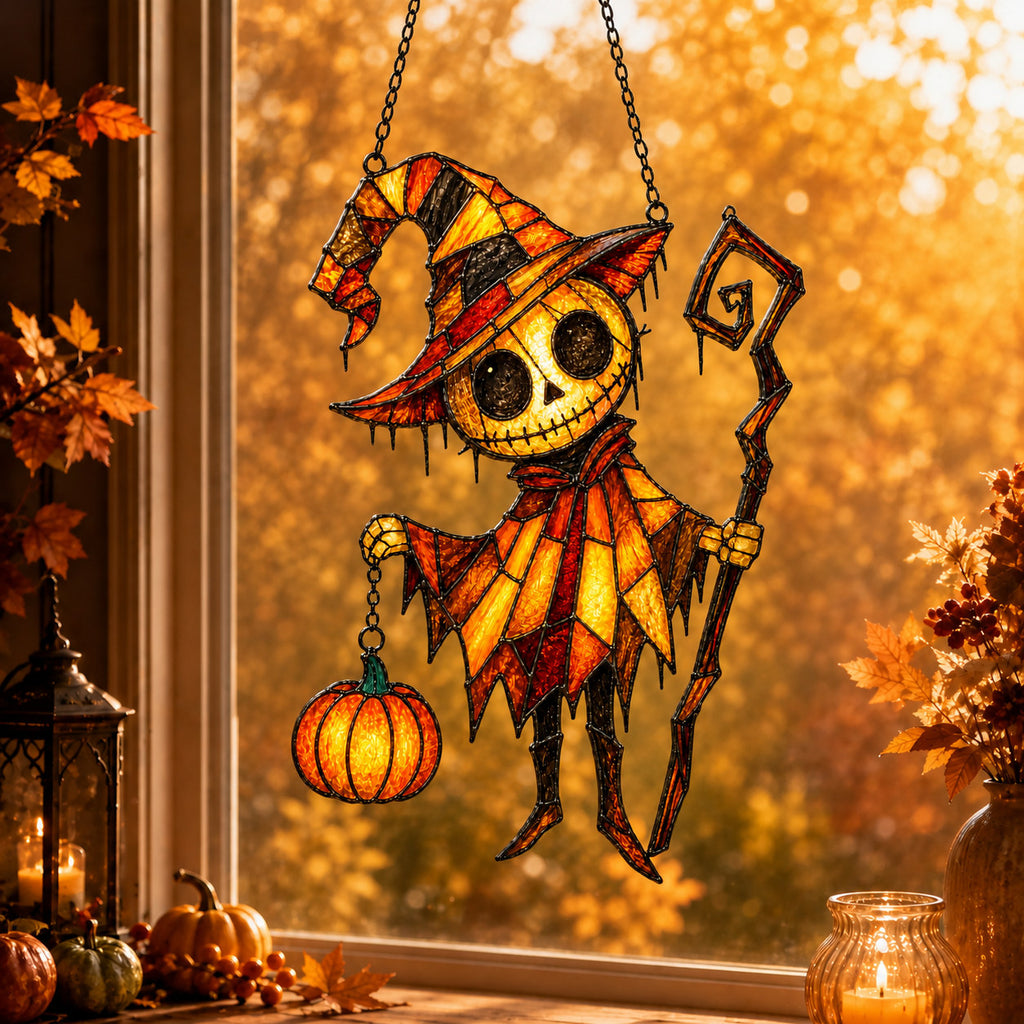 Pumpkin Head Trickster with Staff Holographic Acrylic Suncatcher