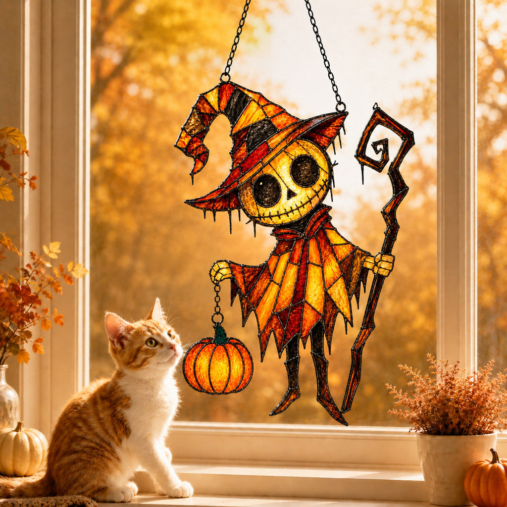Pumpkin Head Trickster with Staff Holographic Acrylic Suncatcher