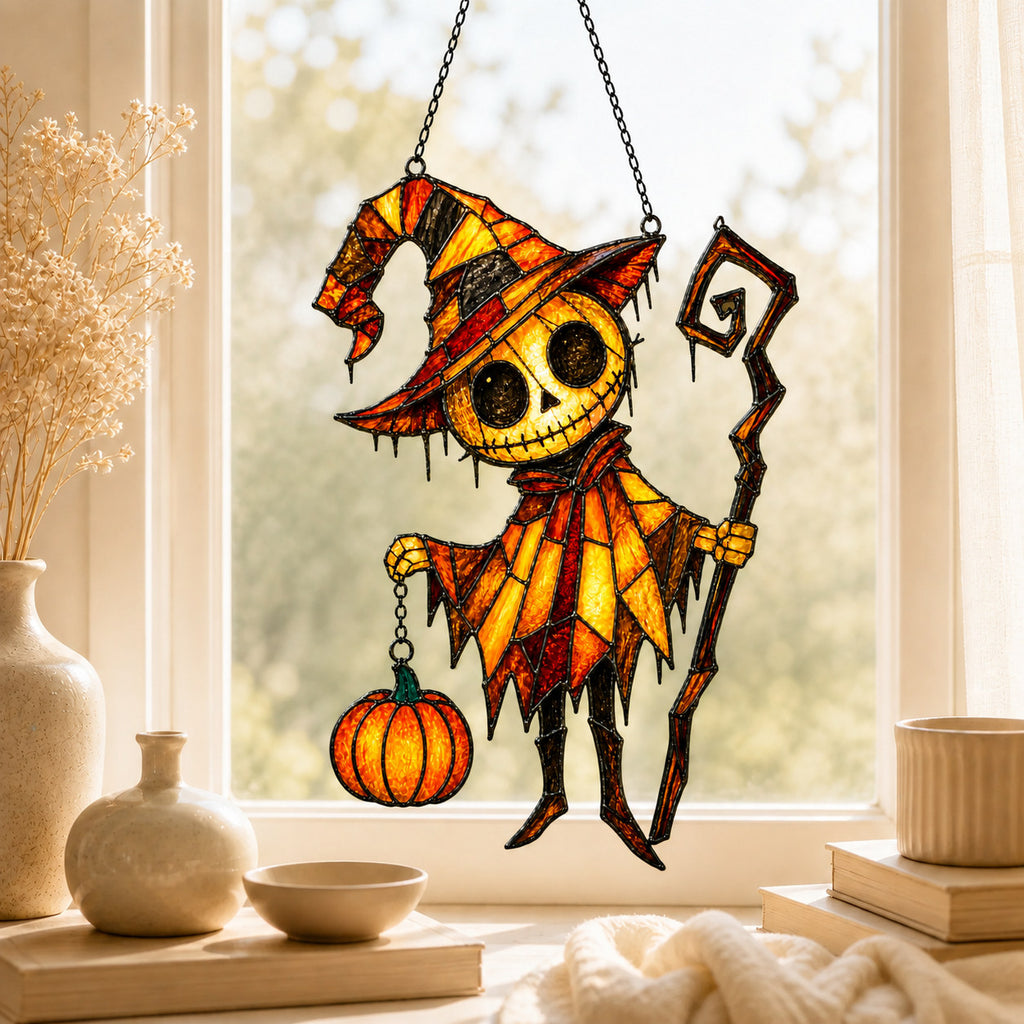 Pumpkin Head Trickster with Staff Holographic Acrylic Suncatcher