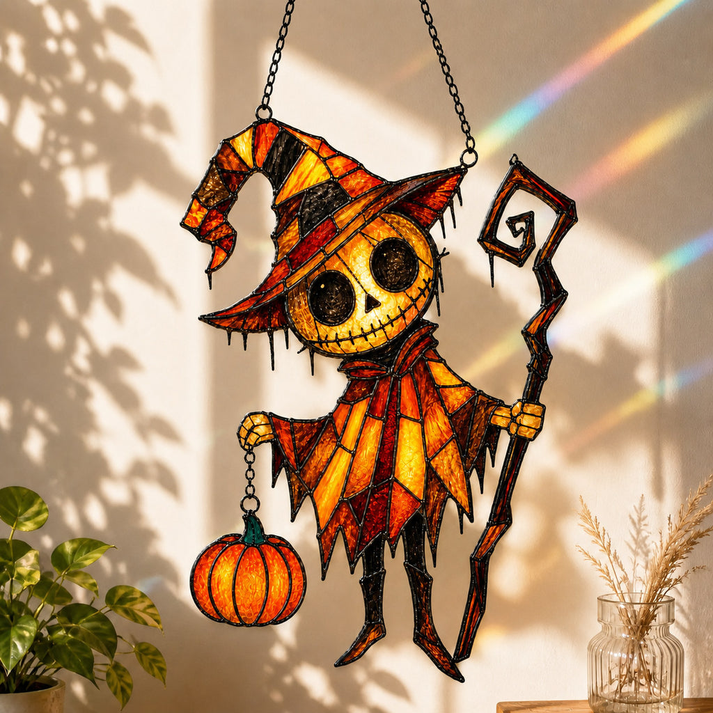 Pumpkin Head Trickster with Staff Holographic Acrylic Suncatcher