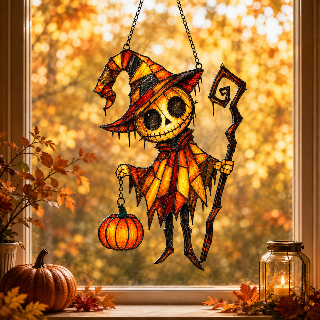 Pumpkin Head Trickster with Staff Holographic Acrylic Suncatcher