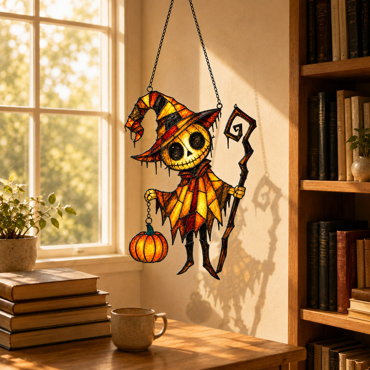 Pumpkin Head Trickster with Staff Holographic Acrylic Suncatcher
