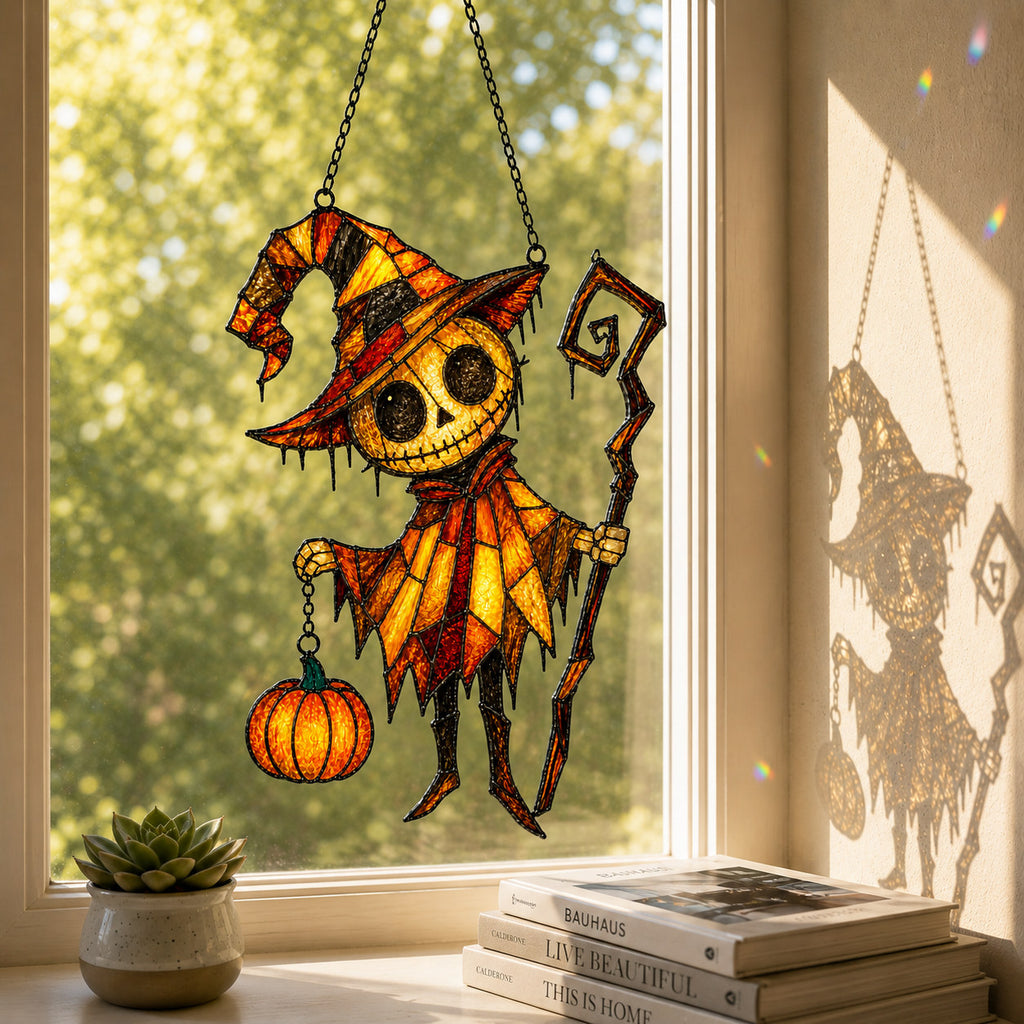 Pumpkin Head Trickster with Staff Holographic Acrylic Suncatcher