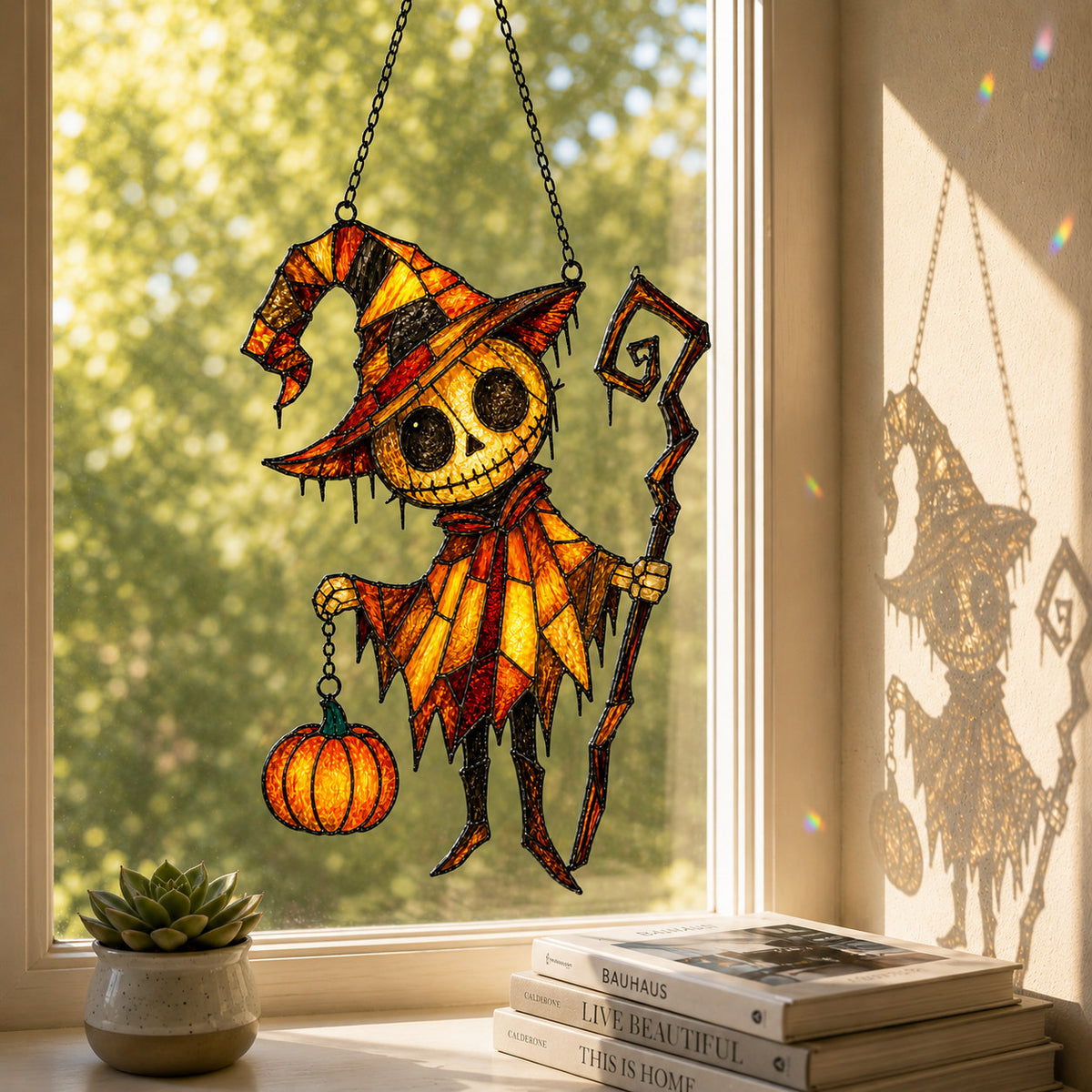 Pumpkin Head Trickster with Staff Holographic Acrylic Suncatcher