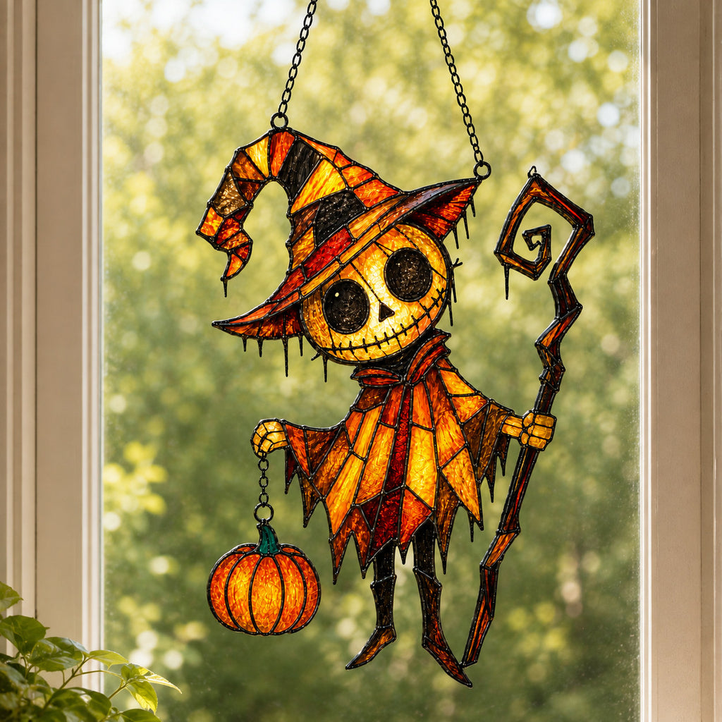 Pumpkin Head Trickster with Staff Holographic Acrylic Suncatcher