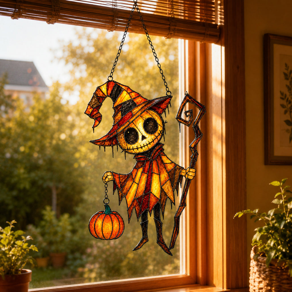 Pumpkin Head Trickster with Staff Holographic Acrylic Suncatcher