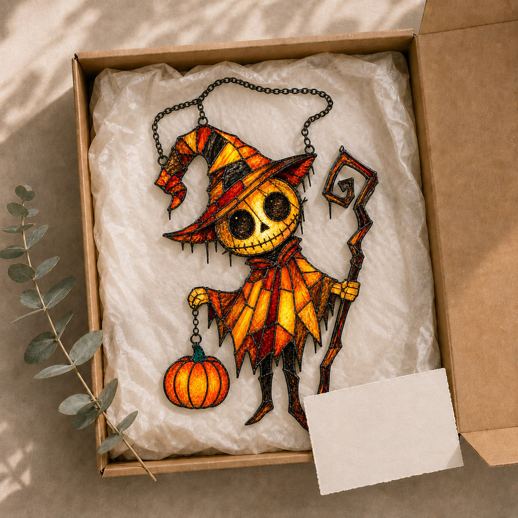 Pumpkin Head Trickster with Staff Holographic Acrylic Suncatcher