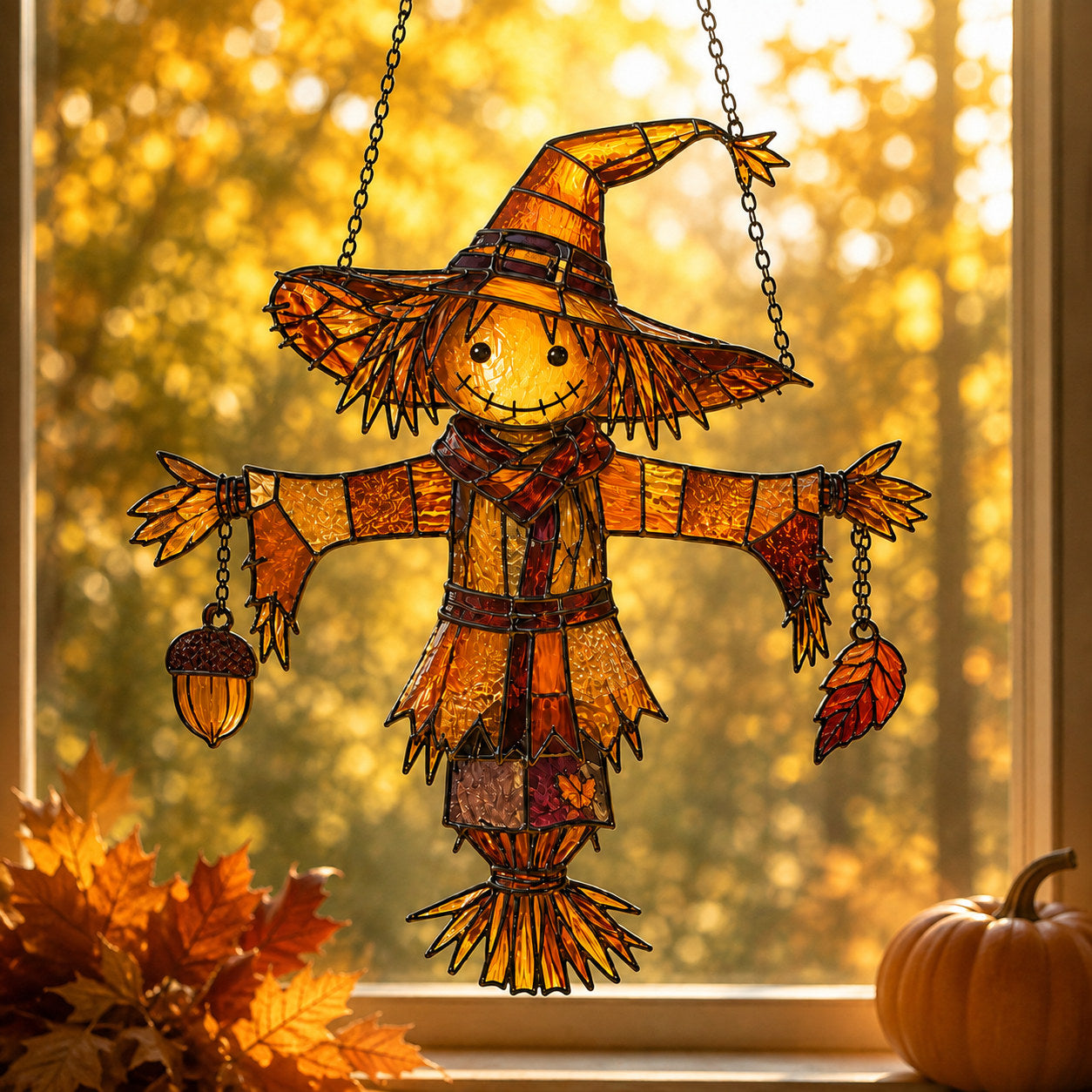 Autumn Scarecrow with Acorn Charms Holographic Acrylic Suncatcher
