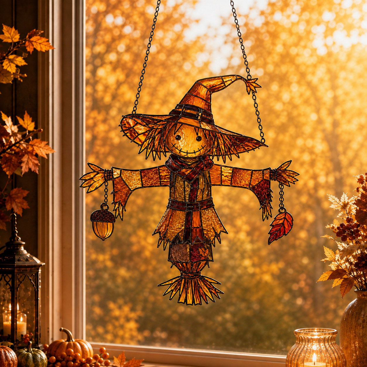 Autumn Scarecrow with Acorn Charms Holographic Acrylic Suncatcher