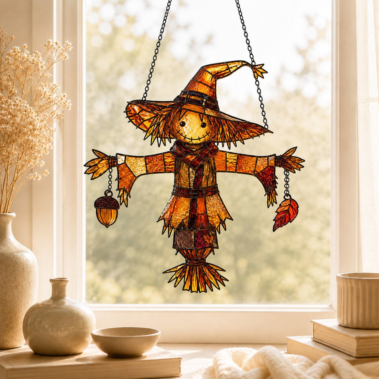 Autumn Scarecrow with Acorn Charms Holographic Acrylic Suncatcher