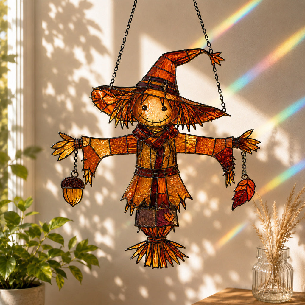 Autumn Scarecrow with Acorn Charms Holographic Acrylic Suncatcher