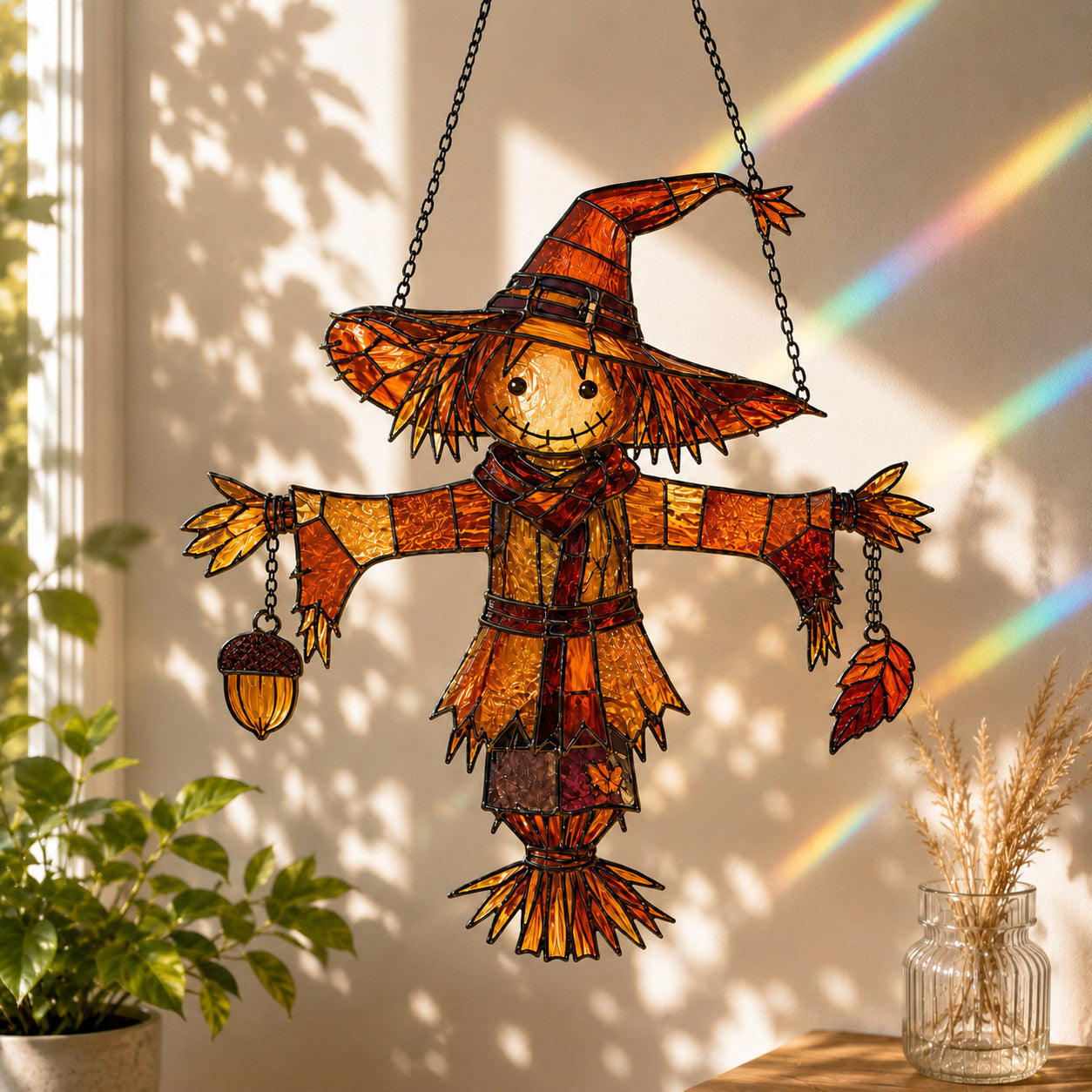 Autumn Scarecrow with Acorn Charms Holographic Acrylic Suncatcher