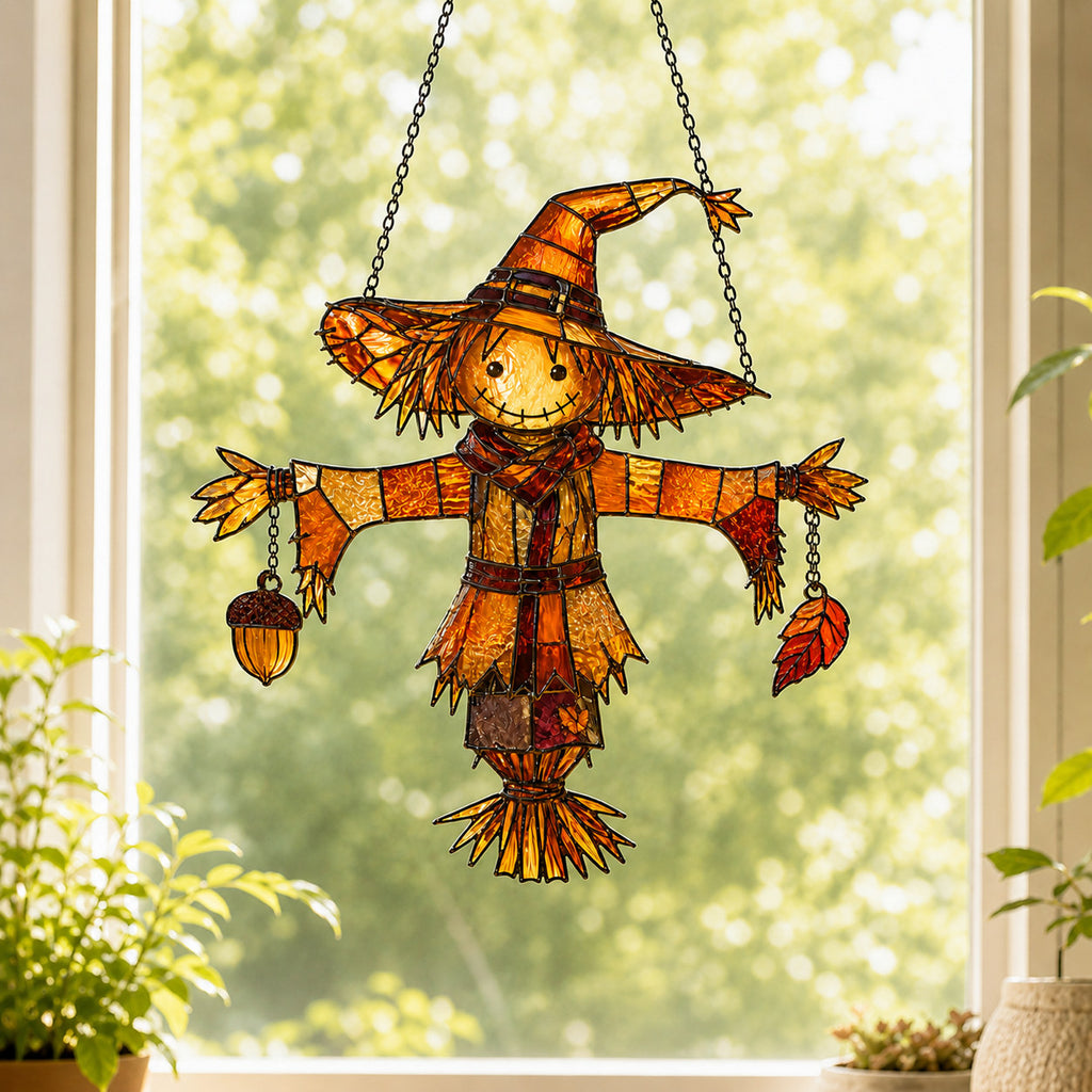 Autumn Scarecrow with Acorn Charms Holographic Acrylic Suncatcher