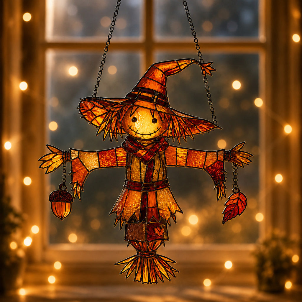 Autumn Scarecrow with Acorn Charms Holographic Acrylic Suncatcher