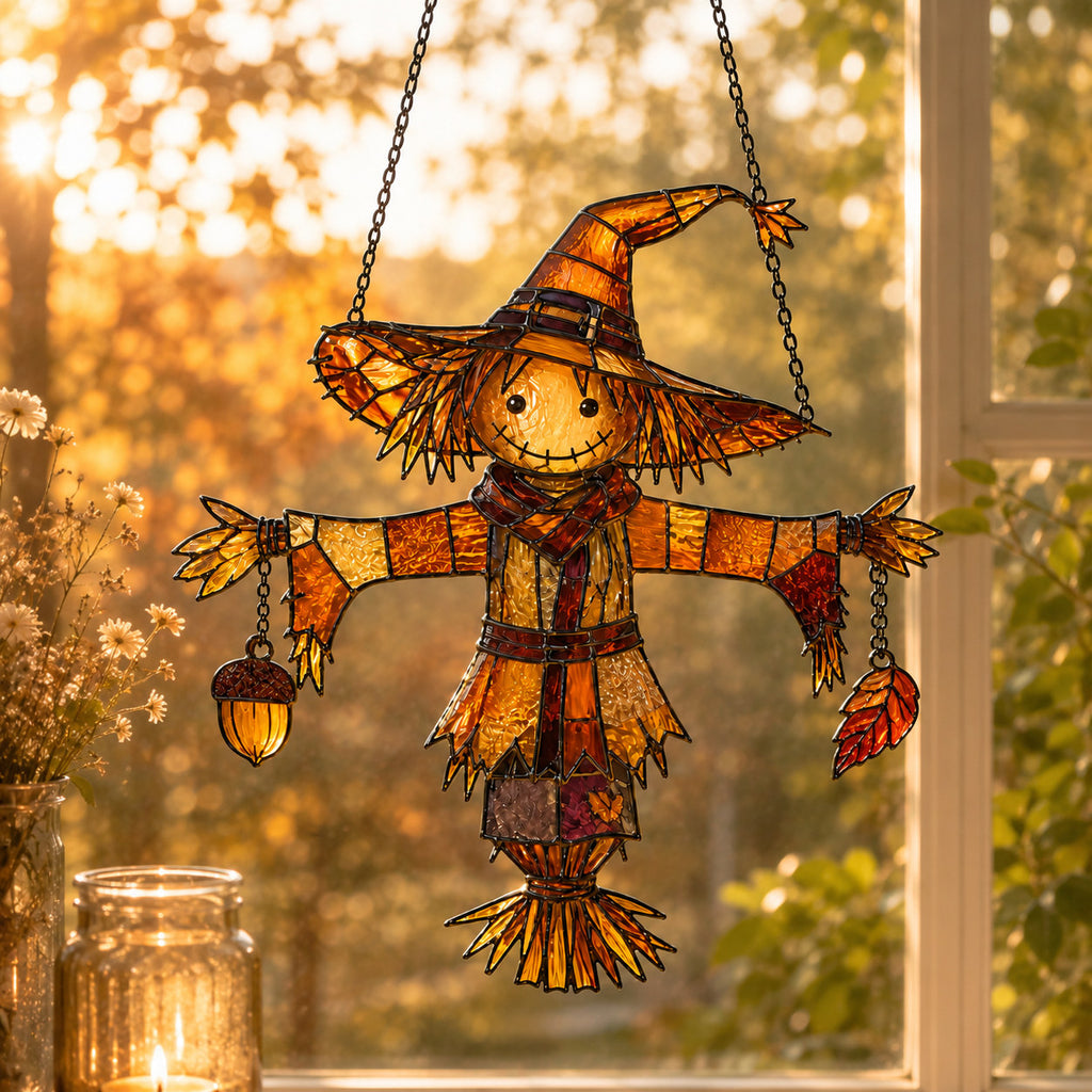 Autumn Scarecrow with Acorn Charms Holographic Acrylic Suncatcher