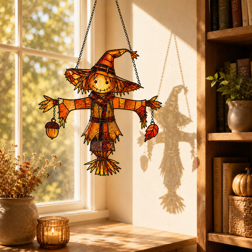 Autumn Scarecrow with Acorn Charms Holographic Acrylic Suncatcher