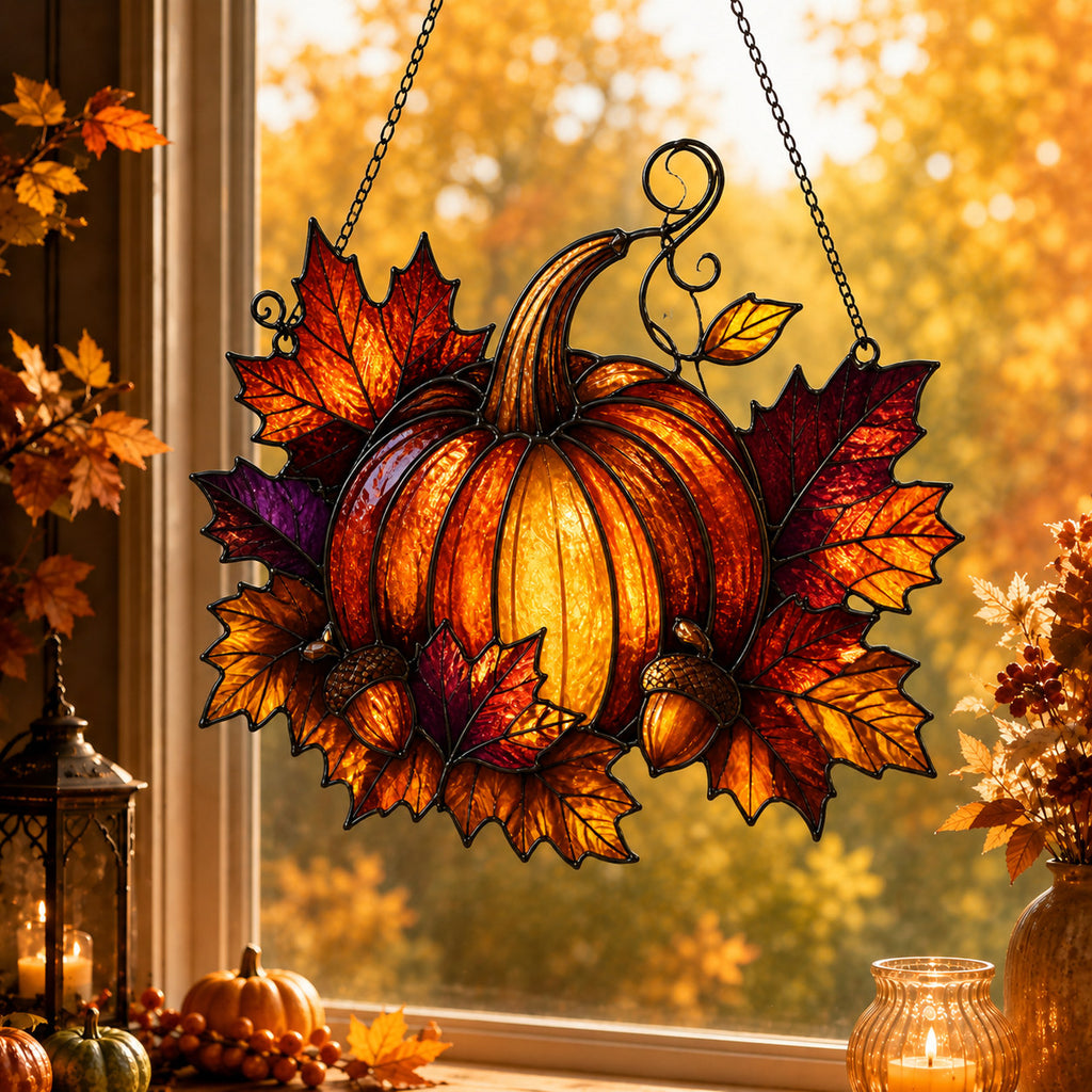Harvest Pumpkin & Maple Leaves Holographic Acrylic Suncatcher