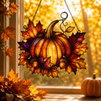 Harvest Pumpkin & Maple Leaves Holographic Acrylic Suncatcher
