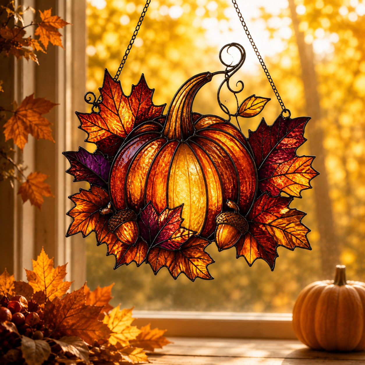 Harvest Pumpkin & Maple Leaves Holographic Acrylic Suncatcher