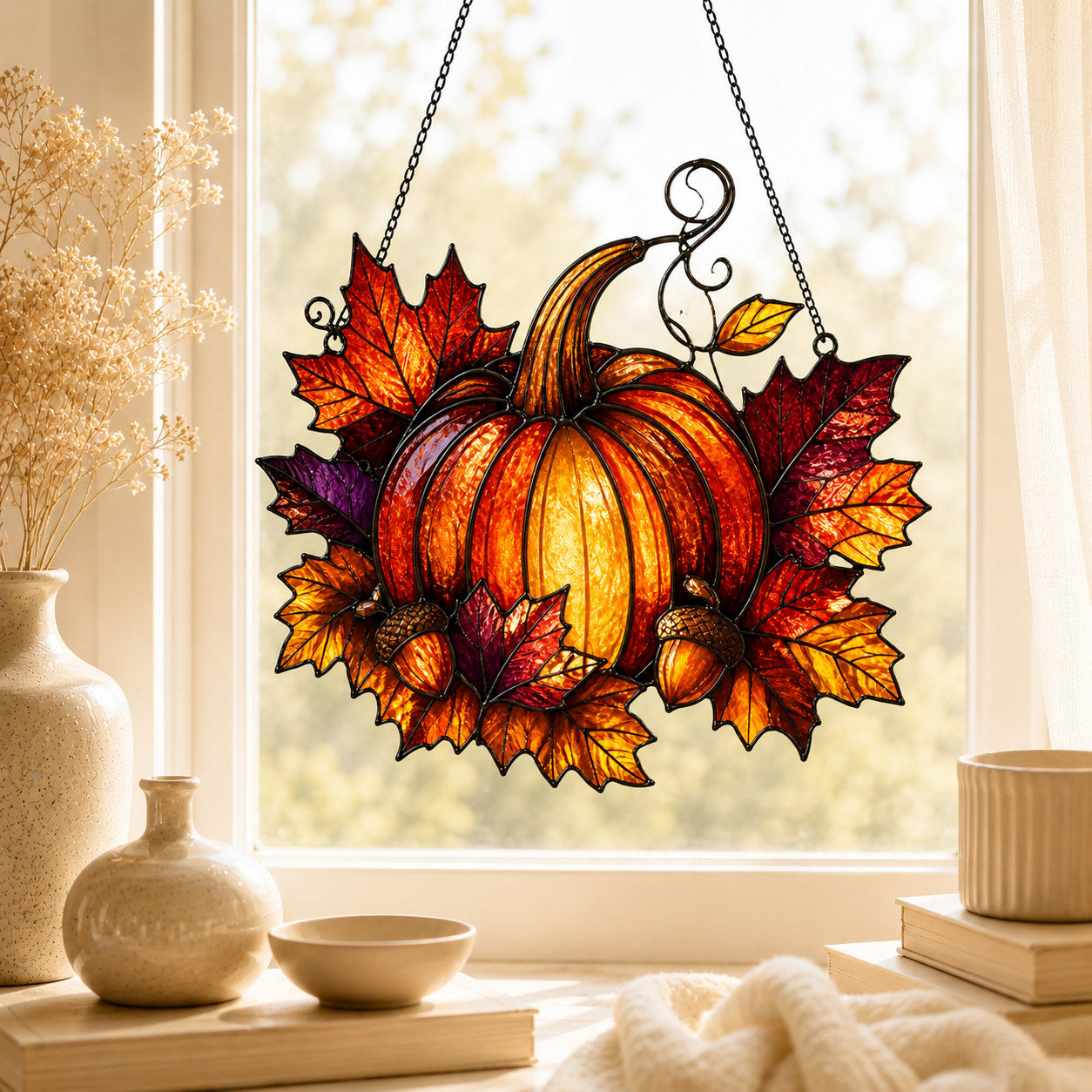 Harvest Pumpkin & Maple Leaves Holographic Acrylic Suncatcher