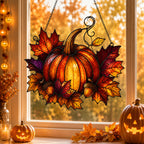Harvest Pumpkin & Maple Leaves Holographic Acrylic Suncatcher
