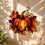 Harvest Pumpkin & Maple Leaves Holographic Acrylic Suncatcher