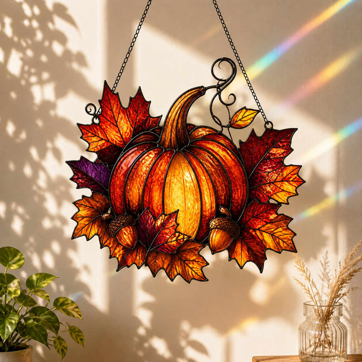 Harvest Pumpkin & Maple Leaves Holographic Acrylic Suncatcher