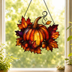 Harvest Pumpkin & Maple Leaves Holographic Acrylic Suncatcher