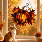 Harvest Pumpkin & Maple Leaves Holographic Acrylic Suncatcher