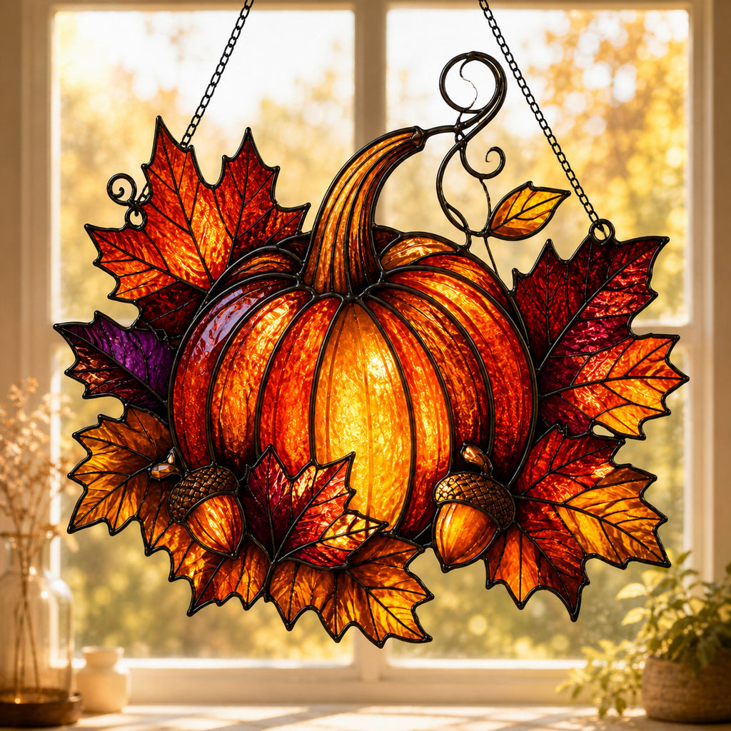 Harvest Pumpkin & Maple Leaves Holographic Acrylic Suncatcher