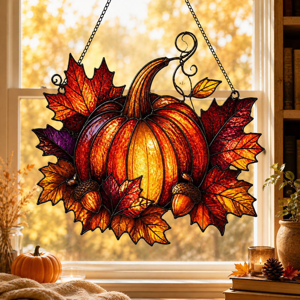 Harvest Pumpkin & Maple Leaves Holographic Acrylic Suncatcher