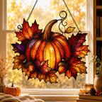 Harvest Pumpkin & Maple Leaves Holographic Acrylic Suncatcher